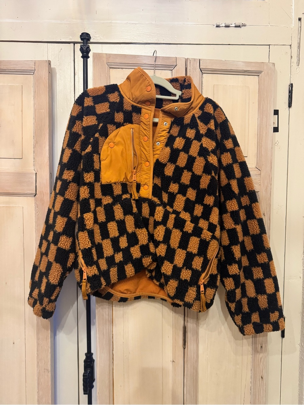 Free People FP Movement Rocky Ridge Pullover black and brown checkered